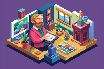 An art enthusiast explores a unique isometric illustration filled with plants, paintings, and creative decor in a cozy indoor gallery