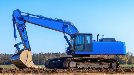 mighty blue excavator against clear sky poised for action on construction site