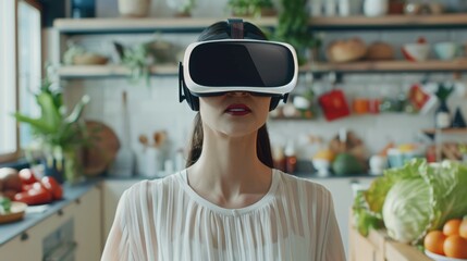 A person wearing a virtual reality headset in a modern kitchen setting