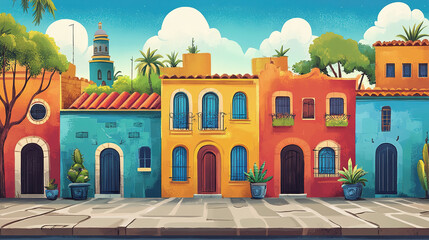 Colorful mediterranean village nestled in hills with a church tower, vibrant houses, lush greenery, and a winding road.