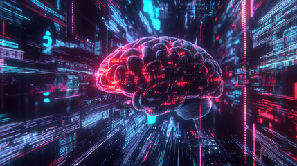 Obraz premium Holographic Brain With Floating Data Streams and Neon Circuits in a Digital Environment