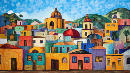 Colorful mediterranean village nestled in hills with a church tower, vibrant houses, lush greenery, and a winding road.