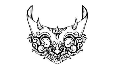 Black and white classic illustration of ancient mythical mask line art unique ornament