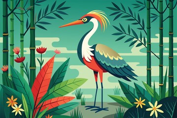 Obraz premium A stunning bird with long legs and colorful plumage stands elegantly amidst vibrant flora in a serene tropical landscape