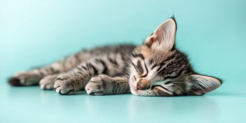 Fototapeta premium Serene Slumber of an Adorable Kitten on a Teal Background: A Close-up on the Comfy Nap of a Cute Striped Cat