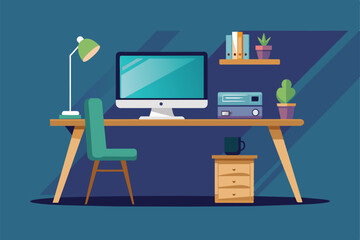 A clean and organized desk features a computer, lamp, potted plants, and an elegant chair, creating an inviting workspace for productivity