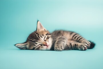 Fototapeta premium Serene Slumber of an Adorable Kitten on a Teal Background: A Close-up on the Comfy Nap of a Cute Striped Cat