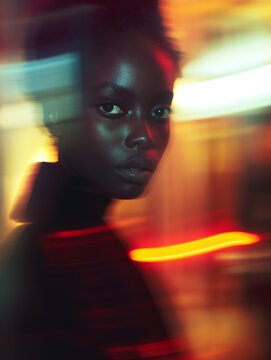 Motion blur portrait of a beautiful young black woman looking at the camera. Generative AI.