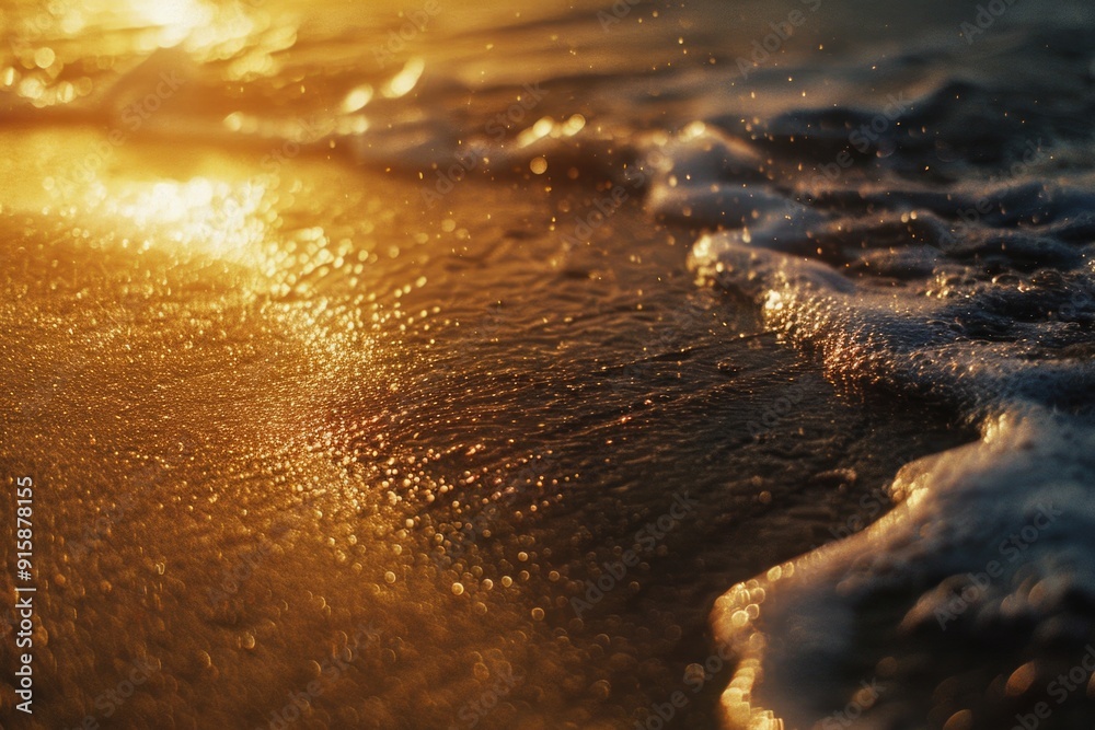 Poster a close-up view of a wave breaking on a sandy beach