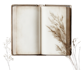 Open book with pressed flowers on pages, cut out - stock png.