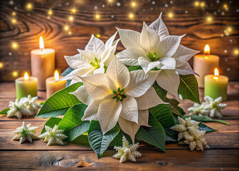 Fototapeta premium Delicate white poinsettia flowers with creamy bracts and bright green leaves sit atop a rustic wooden table, surrounded by soft winter candlelight and gentle snowflakes.
