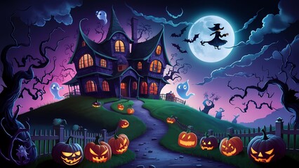 an enchanting Halloween scene with a haunted house on a hill, glowing jack-o'-lanterns, twisted trees, playful ghosts, a full moon, a witch on a broomstick, and eerie yet vibrant colors