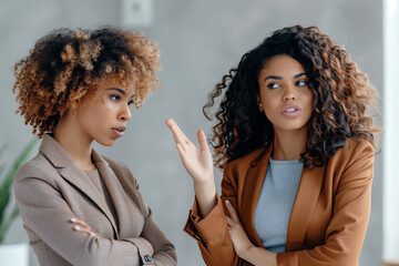 Two African American businesswomen discussing in the workplace. Generative AI.