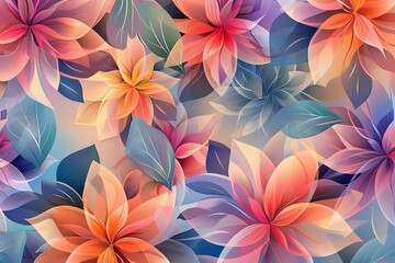 Abstract floral pattern, overlapping petals and leaves, vibrant colors with soft gradients, intricate and harmonious composition, evokes nature and beauty, delicate details