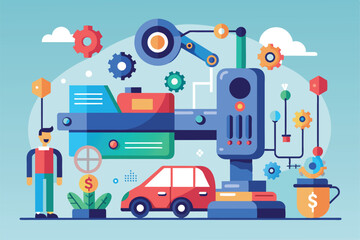 Obraz premium A lively and colorful illustration depicts robotic arms, gears, and a man next to a car, showcasing advanced automation and innovation in technology