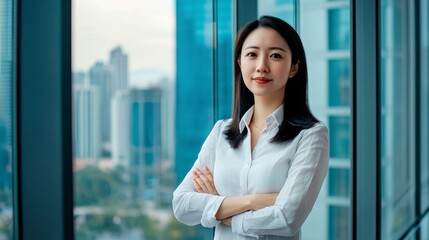 Fototapeta premium A business woman at the window of a high-rise building, arms crossed, looks into the distance, illuminated by bright daylight.