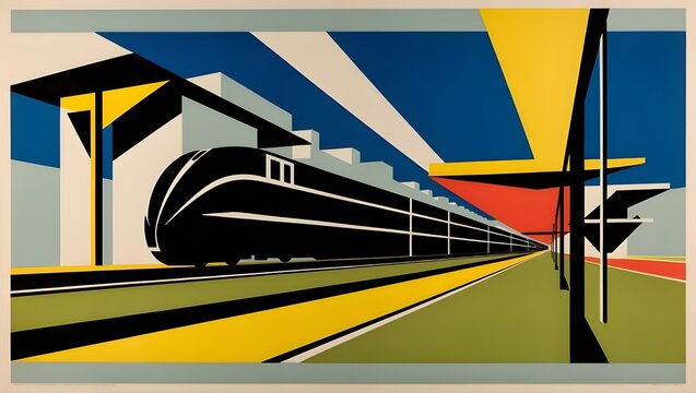 Vintage locomotive poster art, retro futuristic train at station, geometric mid-century travel illustration with bold colors and sharp lines