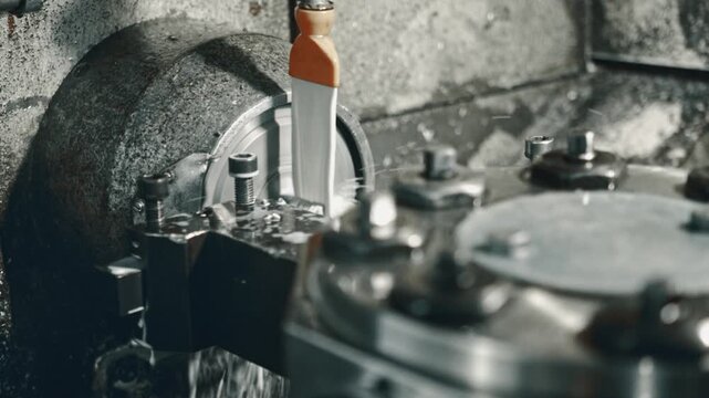 Close-up view of precision machining process on a lathe, shaping a metal part as it rotates under controlled conditions. Ideal for showcasing industrial manufacturing and engineering processes
