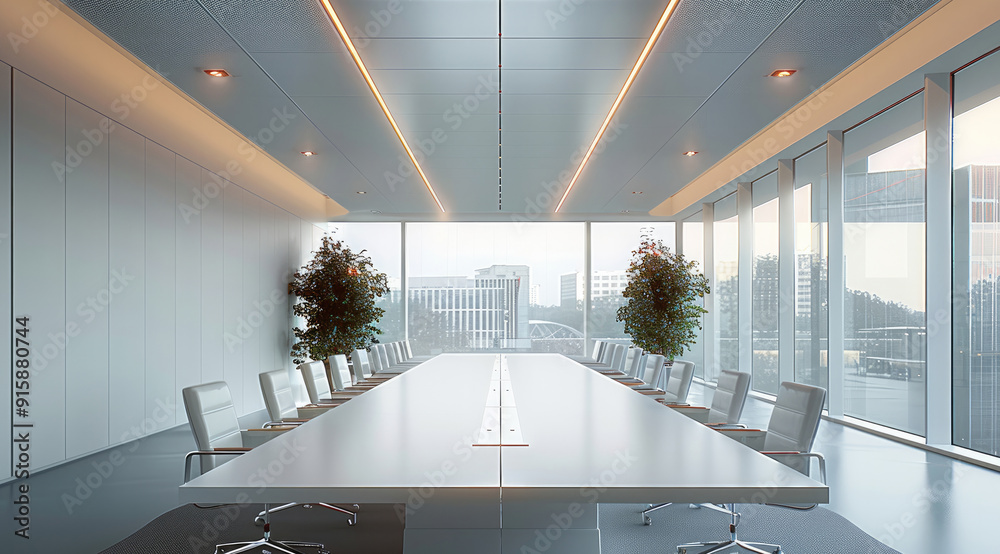 Aufkleber A large white conference table in the middle of an office with many chairs around it, a view through three side windows and a grey colored ceiling, a lot of natural light from outside. Generative AI.