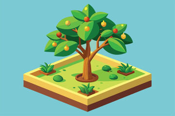 A detailed isometric illustration showcases a customizable avocado tree surrounded by lush greenery in a serene garden environment