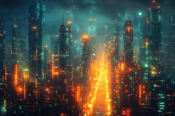 Fototapeta premium abstract digital landscape of glowing circuit patterns forming a vast metropolis streams of data flow like rivers between towering structures of pure energy and information