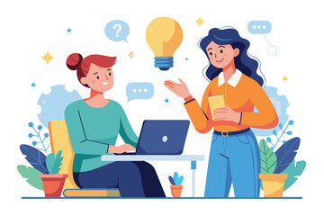 One woman shares a bright idea with her colleague while they work together in a vibrant office environment