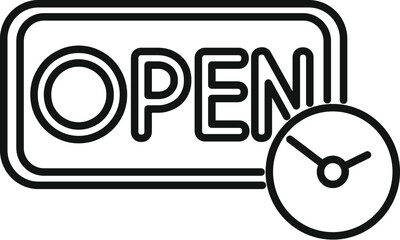 Line icon of a clock showing opening hours next to an open sign
