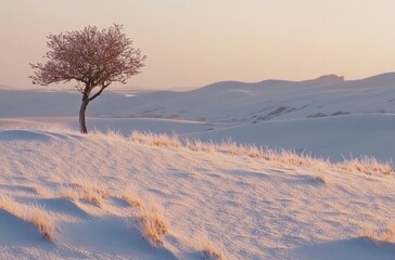 sand dunes covered in snow in winter, with small hilltops of green grass and trees