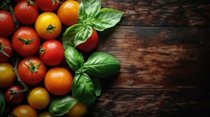 4K Various types of tomatoes including heirloom and cherry tomatoes with basil leaves on a dark wooden table, high resolution,