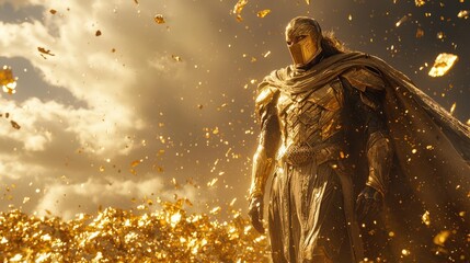 Fototapeta premium A high-resolution 4K image of a futuristic golden armor-clad warrior standing triumphantly in a field of golden debris, under a dramatic sky,