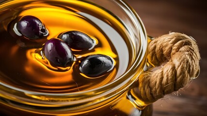 Obraz premium A glass pot filled to the brim with golden olive oil, fresh olives.