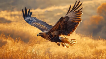 Obraz premium A high-resolution 4K image of a golden eagle soaring over a golden landscape, bathed in golden light,
