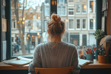 A woman sitting in a quiet cafe, sketching her thoughts and feelings in a notebook.