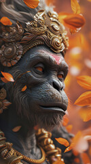 A Close-up Portrait of a Golden-Crowned Monkey God with Falling Leaves.