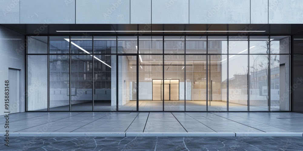 Poster a modern structure with numerous transparent entrances