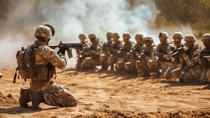 Fototapeta premium A modern soldier training with a group of recruits