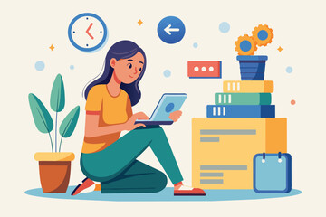 A woman sits on the floor in her home office, focused on her laptop, anticipating the completion of a loading process