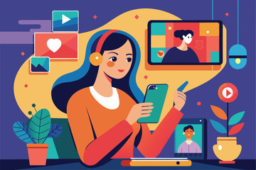 A woman sits comfortably, watching content on her phone, surrounded by plants and screens, enjoying her leisure time in a cozy indoor setting