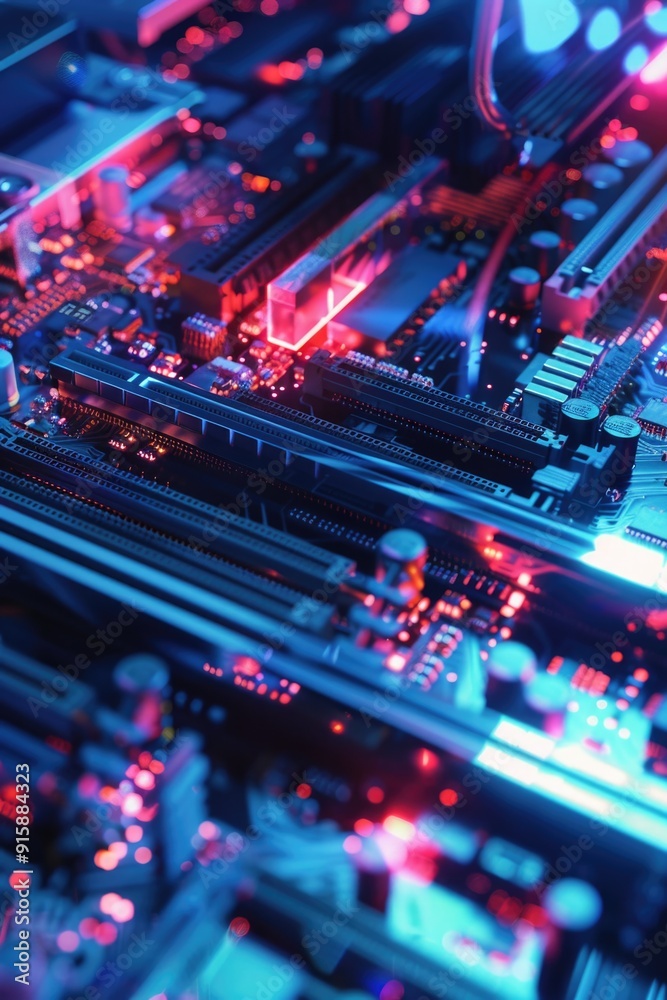 Poster Close-up view of a computer motherboard with various components and wires