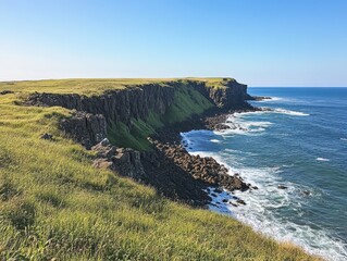 sea, taken from an elevated position on top of high cliffs overlooking towards water