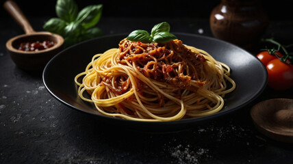 Italian spaghetti with tomato sauce and basil
