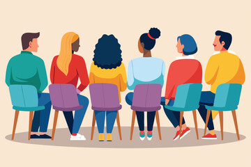 Fototapeta premium A diverse group of individuals is seated in colorful chairs engaged in a collaborative discussion, fostering creativity and connection in a modern atmosphere
