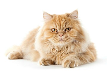Fototapeta premium A domestic cat lying down on a white background, with soft fur and a relaxed expression