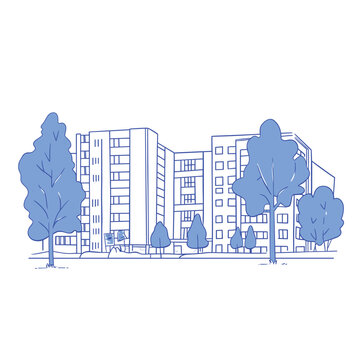 Simple sketch of a campus with trees and buildings.
