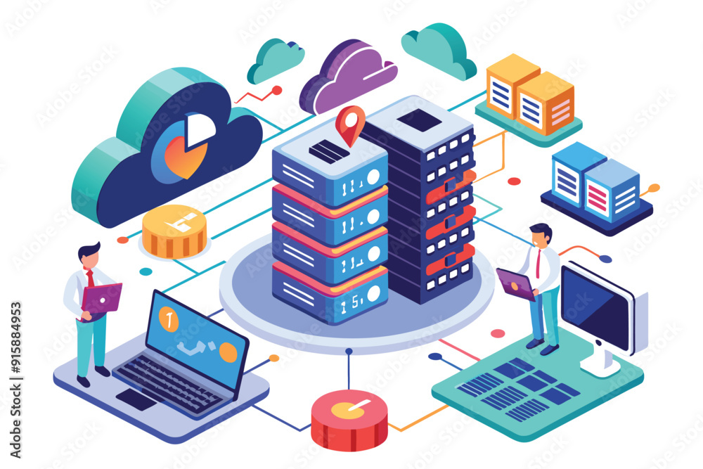 Poster users manage and backup server data using cloud storage and various servers in a contemporary office