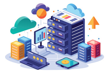 Fototapeta premium A modern data backup server setup is depicted, complete with cloud visuals and monitoring graphs, showcasing data management and storage solutions