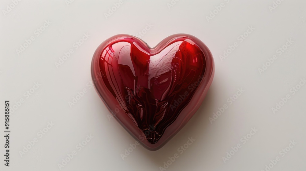 Poster a bright red heart shaped object placed on a clean and smooth white surface