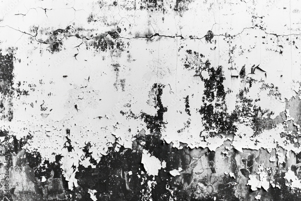 Poster a black and white photo of a distressed wall with peeling paint, suitable for use in architectural o