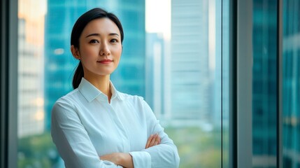A business woman at the window of a high-rise building, arms crossed, looks into the distance, illuminated by bright daylight.