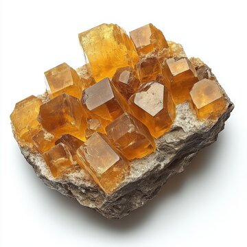 Scapolite crystal cluster with vibrant yellow hues against a white background
